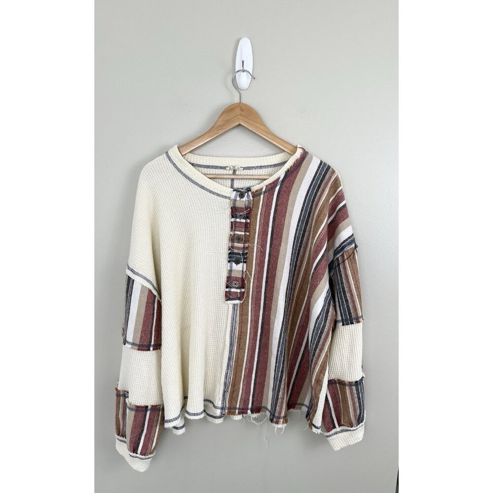 POL Mens Sz M Oversized Henley Tan‎ waffle Knit Mixed Striped Fabric (flaw)